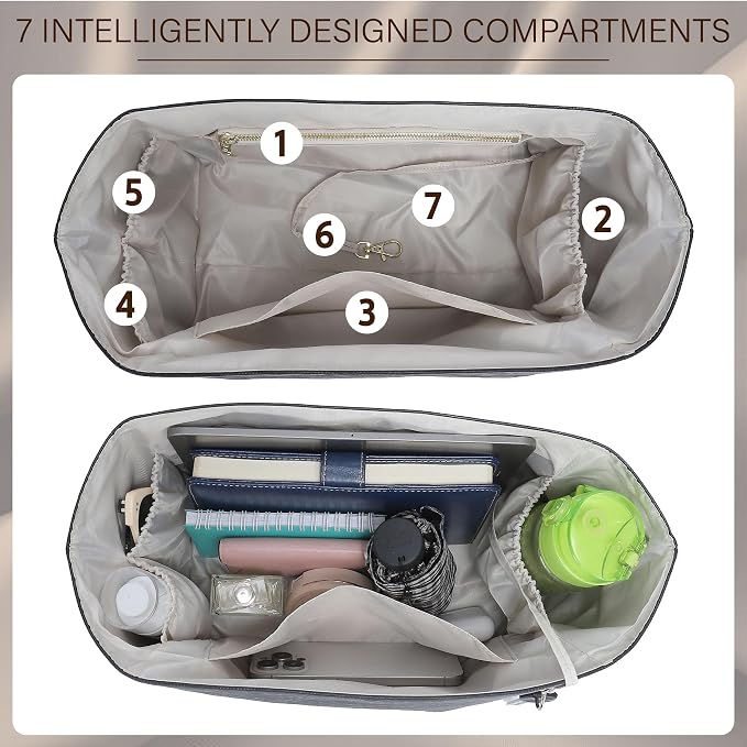 Purse Organizer Insert for Longchamp Le Pliage Large, Black Beige | 6-Compartment Bag Organizer with YKK Zipper Pocket, Cup Holder, Key Chain, Waterproof DupontPaper Lightweight Handbag Shaper - Image 4
