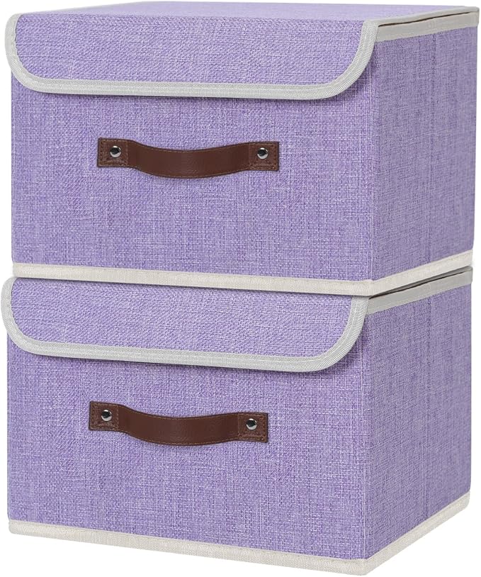 ANMINY Fabric Storage Box Bins with Lids, Purple, 13"x9"x7.9", 2 Pack | Keepsake Memory Storage, Cotton Linen, PP Board Reinforced, Washable, PU Handles, Foldable & Stackable, Decorative, Medium by ANMINY