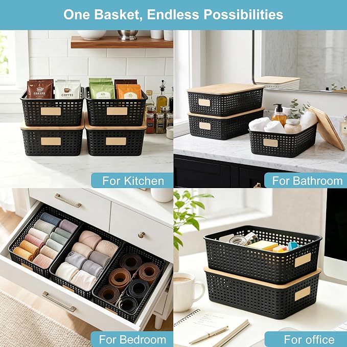 4 Pack Plastic Storage Bins with Bamboo Lids, 6.2qt Stackable Storage Organizer Box with Lable for Pantry Shelves Drawers Desktop Office, 12"L x 8.3"W x 3.5"H, Black - Image 5