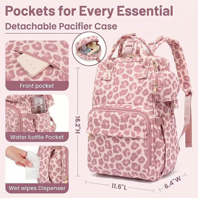 Baby Diaper Bag Backpacks for Mom Dad, Corduroy Large Capacity Multifunction Nappy Bag with Pacifier Case, Baby Travel Essentials Diaper Backpack for Boys Girls - Leopard Purple - Image 4