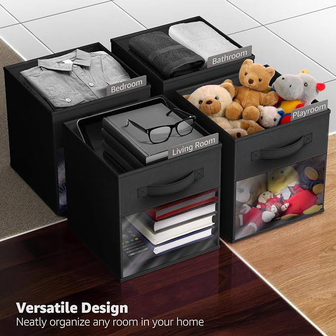 Sorbus 11 Inch Storage Bins with Clear Window - 6 Foldable Baskets for Organizing Clothes, Toys, Books - Sturdy Collapsible Fabric Storage Cubes with Handle - Storage Baskets for Shelves, Closets - Image 5