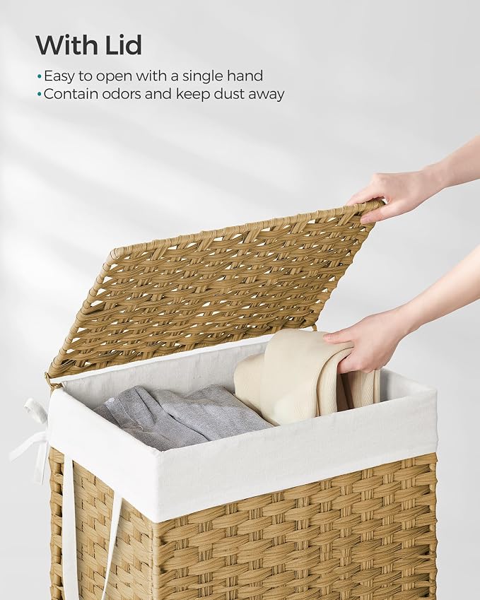 SONGMICS Laundry Hamper with Lid, 23.8 Gallon (90 L) Synthetic Rattan Clothes Laundry Basket with Lid and Handles, Foldable, Removable Liner, Goose Yellow ULCB51NL - Image 3