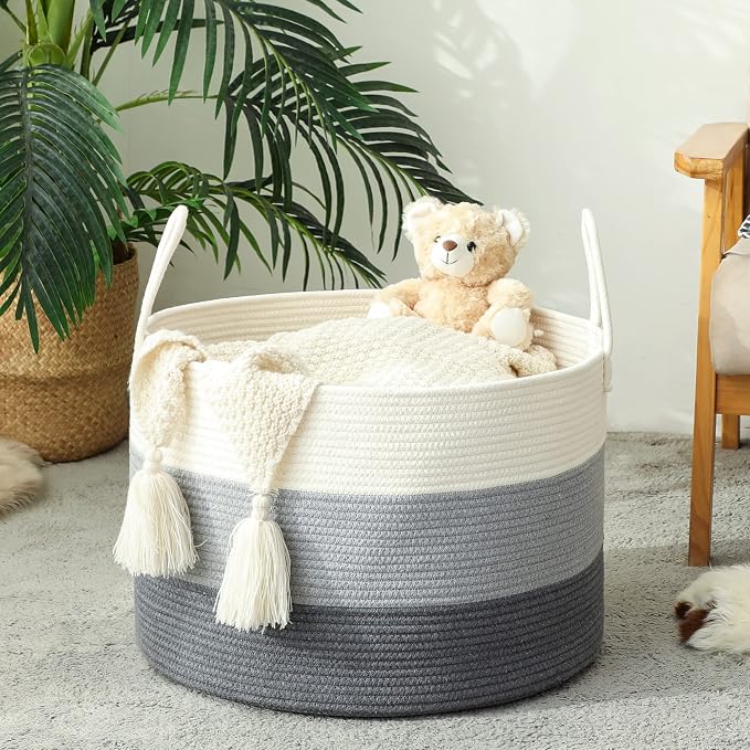 KAKAMAY Large Cotton Rope Blanket Basket (20"x13"),Woven Baby Laundry Hamper，Blanket Basket for Nursery, Laundry, Living Room, Pillows, Toys Dotted Pattern（White） - Image 6