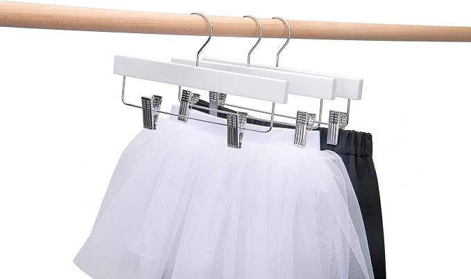 Quality 11 Inches Kids Wooden Pants Hangers 20 Pack - Skirt Hangers with Adjustable Metal Clips 360° Swivel Chrome Hook & Nonslip Notches- Ideal for Clothes Size 8 and Smaller (White, 20) - Image 4