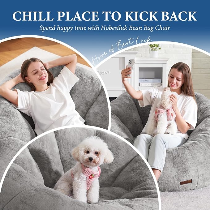 Hobestluk Large Beanbag Chairs for Adults Donut-Shaped Plush Sofa Couch | Grey, Oversized Bean Bag Chair with Faux Fur Cover Foam Filling Cozy Lounger for Bedroom Living Room Reading - Image 6