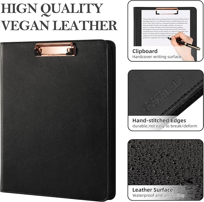 Ospelelf Zippered Padfolio Portfolio Folder, Leather Clipboard with Storage, 3 Ring Binder 1 Inch,12.1” Tablet Sleeve, 5 Dividers with Pocket, Refillable Notepad, Card Slot (Classic Black) - Image 5