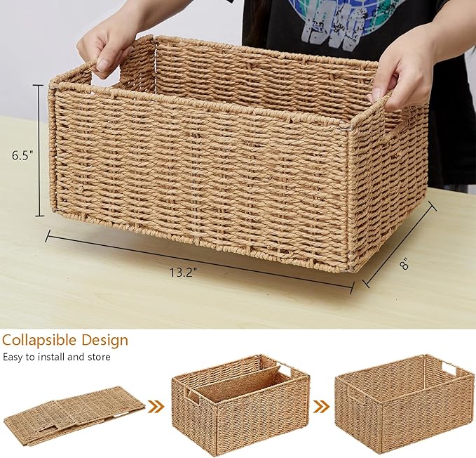 Wicker Storage Basket, Set of 2 Hand-Woven Paper Rope Wicker Basket, Small Storage Baskets for Organizing Toilet Paper, Foldable Large Cube Storage Organizer Bins for Shelves (Natural) - Image 2