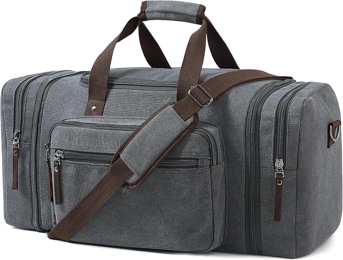 EKOROMIER Large Canvas Duffle Bag for Travel, Expandable 70L Weekender bags | Features Luggage Trolley Sleeve, Multi-Pockets for Traveling, Durable Overnight Carry-On Bag for Men & Women - Grey by EKOROMIERHOME