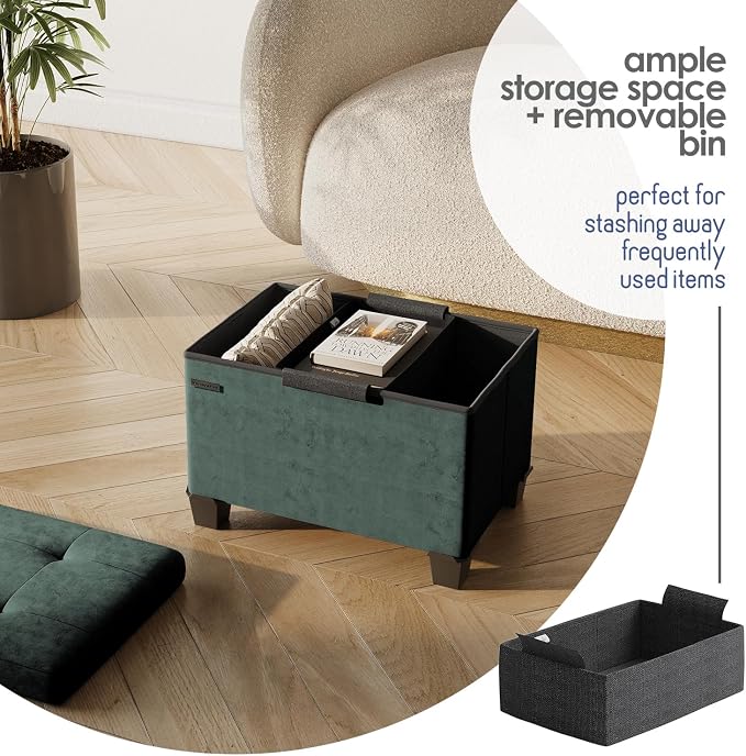 Storage Ottoman Cube with Small Bin, 16-in Square Ottoman with Storage for Living Room and Bedroom, Small Ottomans Foot Rest, Velvet Foot Stools Ottomans Max 330lbs, Green - Image 3