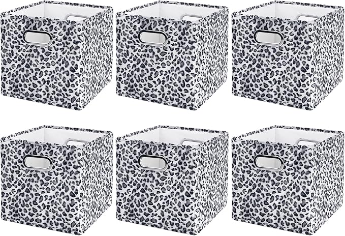 ANMINY Leopard Cheetah Print Storage Cubes Bins, Velvet, Gray, 11Inch 6PCS | Collapsible & Washable, PP Board Frame, Built-in Metal Handles, Animal Themed Fabric Cubes Baskets for Closet Shelves Decor by ANMINY
