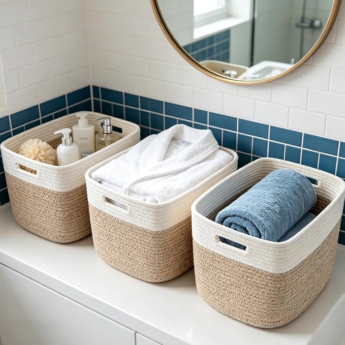 3 Pack Woven Baskets,Storage Baskets for Shelves with Handles | 13.5"×11"×9.5" Closet Baskets, Nursery Organizer for Toys Towels Books, Storage Bin for Living Room Bedroom (White&Brown) - Image 4