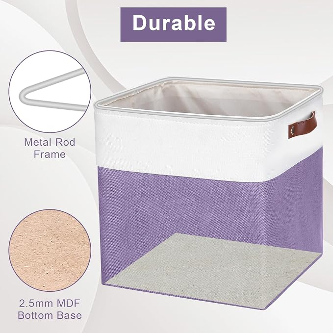 13x13 Cube Storage Bins, Collapsible Fabric Storage Box, 4 Pack Closet Baskets with Handles for Organizing, Shelf, Toys, Clothes, Home, Office, Nursery (Purple&White) - Image 4