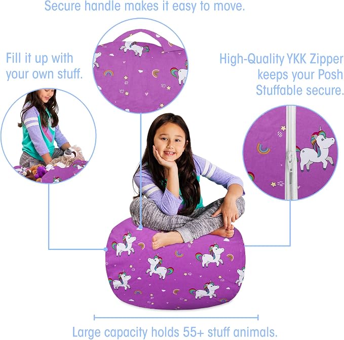 Posh Creations Kids Stuffed Animal Storage Bean Bag Chair Cover - Childrens Toy Organizer, Medium-27in, Canvas Unicorn and Rainbows on Purple - Image 2