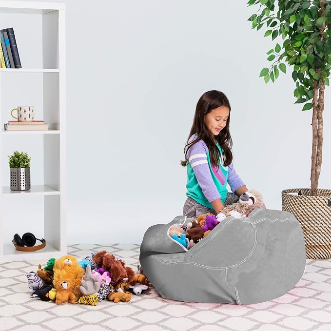 Posh Stuffable Kids Stuffed Animal Storage Bean Bag Chair Cover - Childrens Toy Organizer, Large 38" - Solid Gray - Image 6