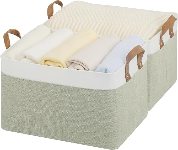 StorageWorks Fabric Storage Bins for Shelf, Green and White, Large, 2-Pack | With Reinforced Soft PU Handles, Sturdy Metal Frame, Collapsible, Storage Basket for Closet, Holds Clothes, Towels, Blankets by StorageWorks