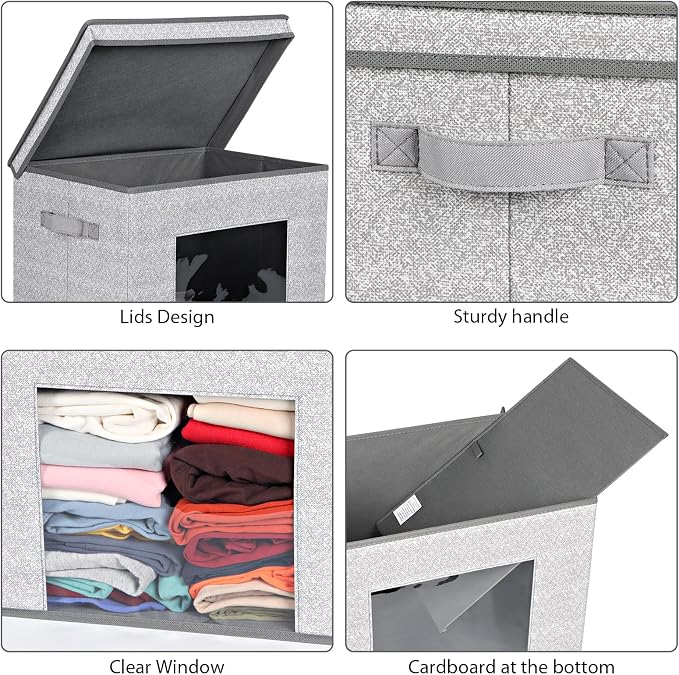 Univivi Fabric Storage Bins with Lids for Closet, 4 Pack, Grey | Fabric Foldable Storage Boxes, Sturdy Collapsible Storage Bins with Clear Window, Storage Bins for Home, Closet, Shelves - Image 4