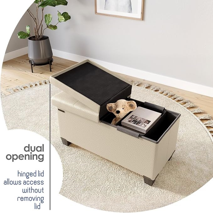 Storage Ottoman Bench with Bins, 30-in Storage Bench for Bedroom End of Bed, Folding Foot Rest Ottoman for Living Room Max 660lbs, Leather Ottomans, Beige - Image 9