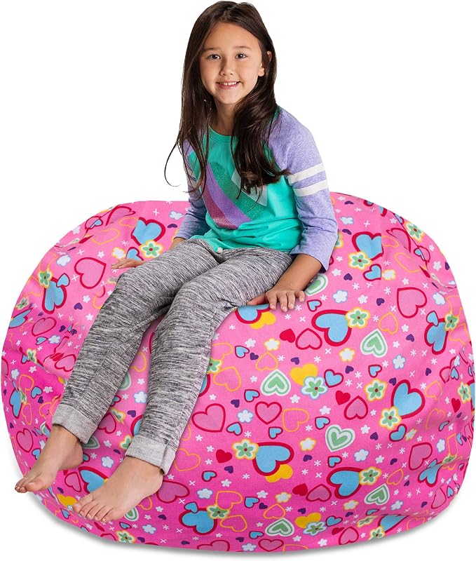 Posh Stuffable Kids Stuffed Animal Storage Bean Bag Chair Cover - Childrens Toy Organizer, X-Large-48 - Canvas Multi-Colored Hearts on Pink - Image 3