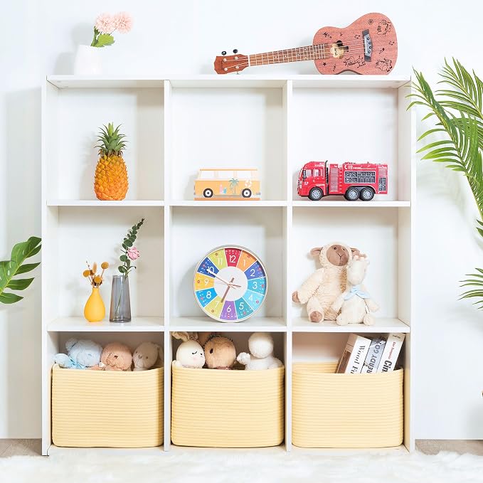 3-Pack Decorative Woven Storage Baskets for Shelves, Cube Bin Box for Organizing Books, Shoes, Dog Toys, Pantry Closet and Living Room Organizer, Yellow - Image 4
