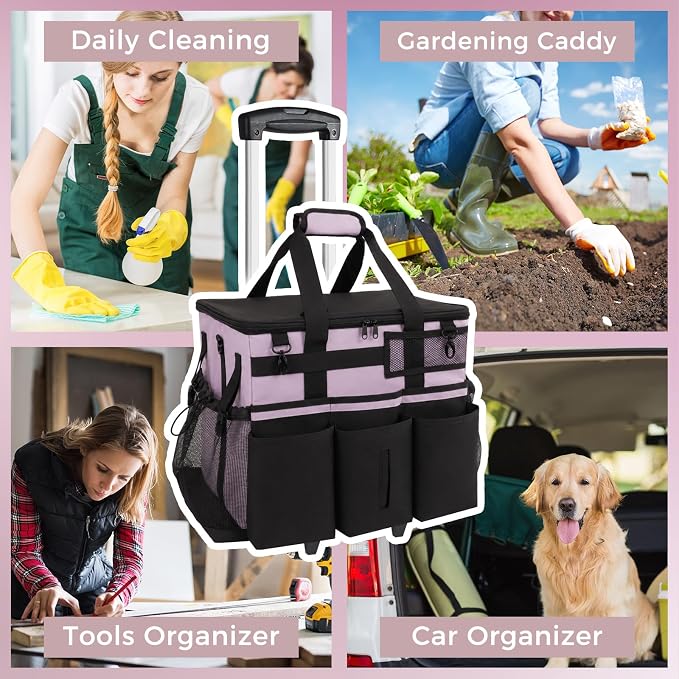 SCAVATA Rolling Cleaning Caddy Bag with Detachable Trolley, Large Cleaning Supplies Organizer with Wheels, Multi-Pocket Cleaning Cart with Adjustable Shoulder Strap for Housekeepers (Lilac) - Image 7