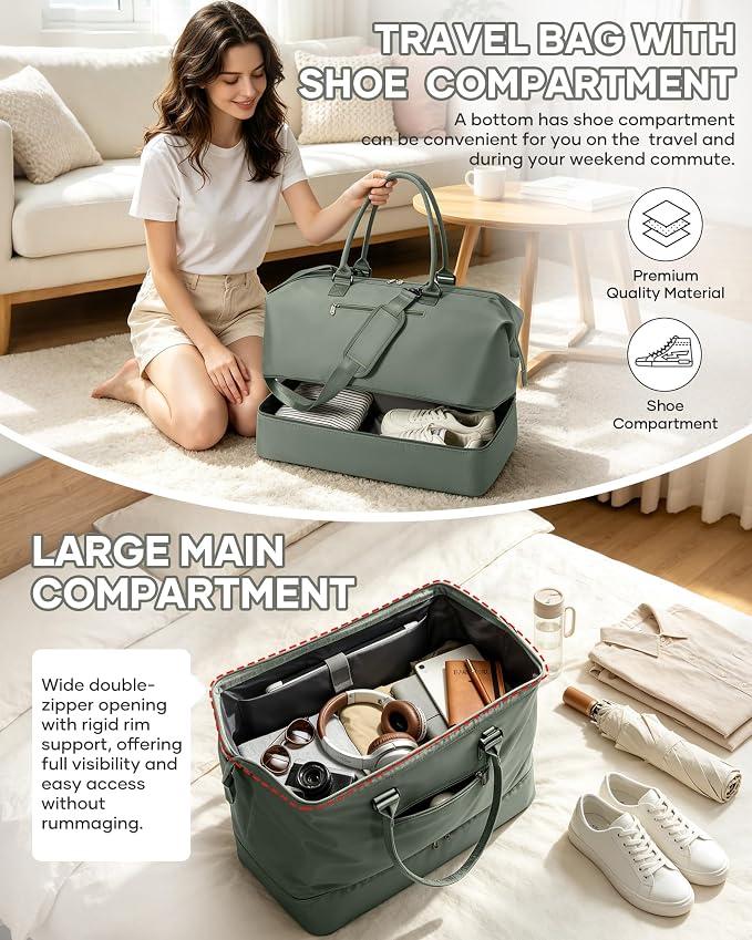 Travel Duffel Weekender Bag Women Tote Carry On Bags With Shoe Compartment | Travel Overnight Bags with Trolley Sleeve for Airplanes Waterproof Lightweight Sport Tote Gym with Toiletry Bag Green. - Image 6