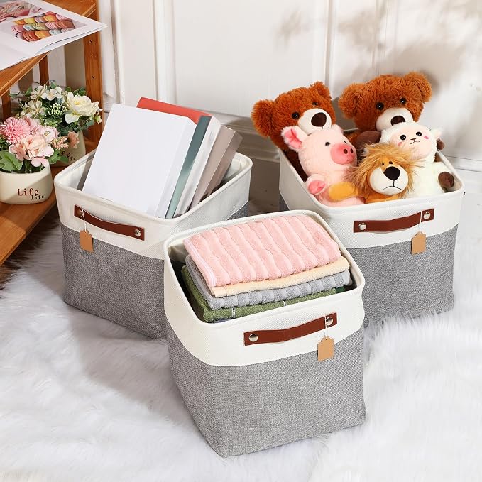 Uiifan 10 Pcs Collapsible Storage Bins Fabric Foldable Storage Basket with Handles Cloth Organizer Linen Shelf Baskets for Shelves Home Closet Nursery Toys(12 x 12 x 12 Inch,Gray and White) - Image 5