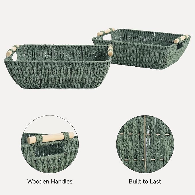 StorageWorks Large Wicker Basket, Woven Basket for Shelves, Bosana Green | Wicker Storage Baskets for Shelves, Baskets with Wooden Handles, 2-Pack Gifts Basket for Home Decor, Hand-Woven Basket - Image 4