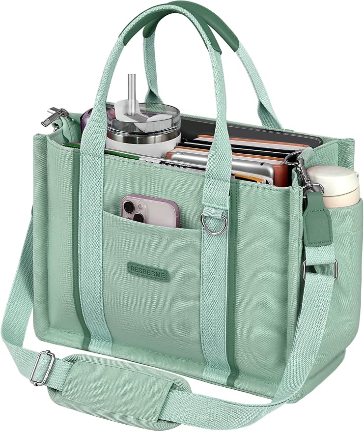 BESBESME Women’s Canvas Tote Bag with Zipper and Compartments – Multi-Pocket Laptop Work Crossbody Shoulder Tote Purse - Image 7