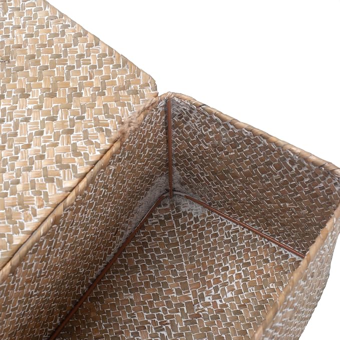 Wicker Basket with Lid, Seagrass Storage Basket, Woven Decorative Storage Baskets for Shelf Organizing, Whitewash - Image 3