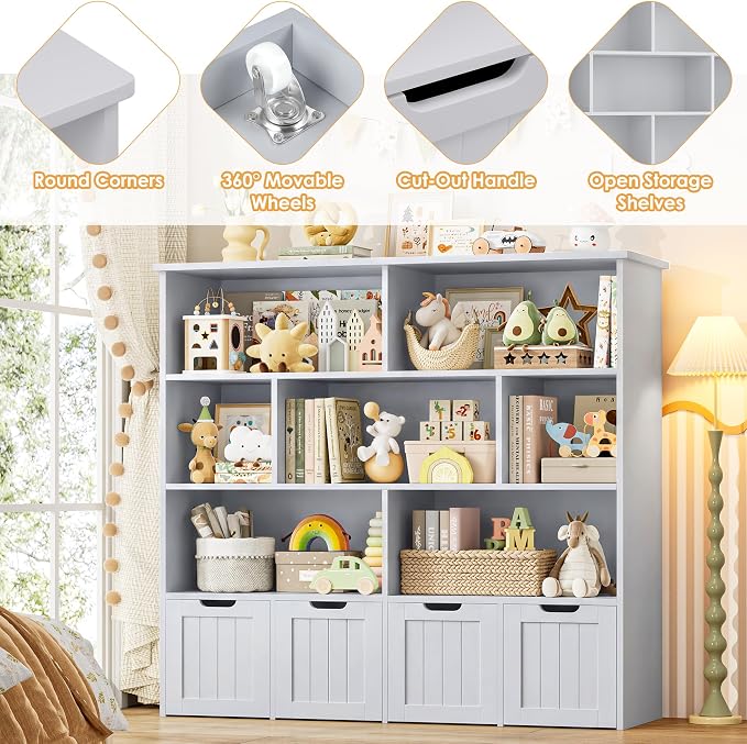 Toy Storage Organizer with Movable Drawer Toy Organizer for Kids | Kids Bookshelf and Toy Chest Storage with Hidden Wheels, Toy Organizers and Toy Storage for Playroom, Gray - Image 7