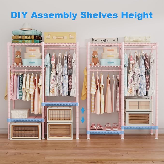 F1 Clothes Rack for Kids, Baby, Students, and Children's Room, 4 Tiers Portable Metal Closet Clothing Rack, Small Garment Rack with 2 Hanging Rod, 31.2" W x 11.8" D x 48" H, Pink | Clothing Rack for Baby and Children's Room, Small Freestanding Clothes ... - Image 4