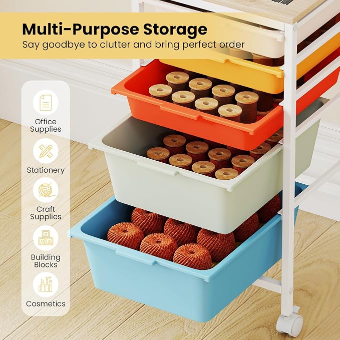 Rolling Storage Cart with 5 Drawers, Plastic Craft Organizer on Wheels with Wooden Top, Mobile Art Supply Utility Cart for Classroom, Home, Office - Image 4