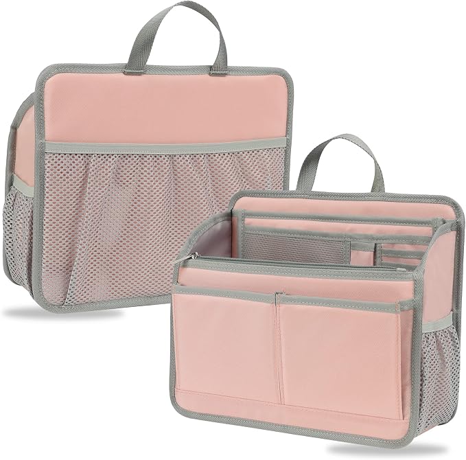 Small Rugged Organizer Insert for Briefcase Tote Shoulder Messenger Bag-19 Pockets,Padded Water-repellent Nylon-Pink by DELTAMANN