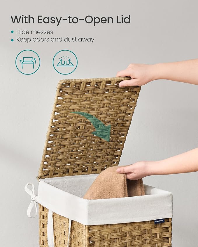 SONGMICS Laundry Hamper with Lid, 9.5 Gal (36 L) Synthetic Rattan,Foldable | Clothes Laundry Basket with Handles, Removable Liner, Goose Yellow, ELIOTT Collection ULCB136Y01 - Image 3