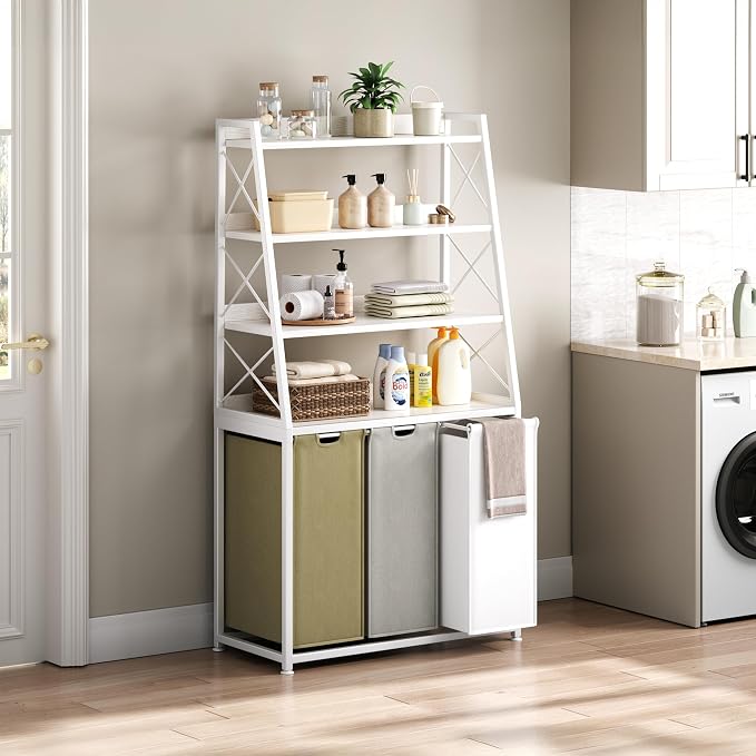 Herture Laundry Basket, 3 Section Laundry Hamper with 4 Tiers Shelf, Pull-Out and Removable Laundry Bags, Large 3 x 15.87 Gallons, 3 Color Bags for Laundry Room Bathroom White PF05XLE - Image 2