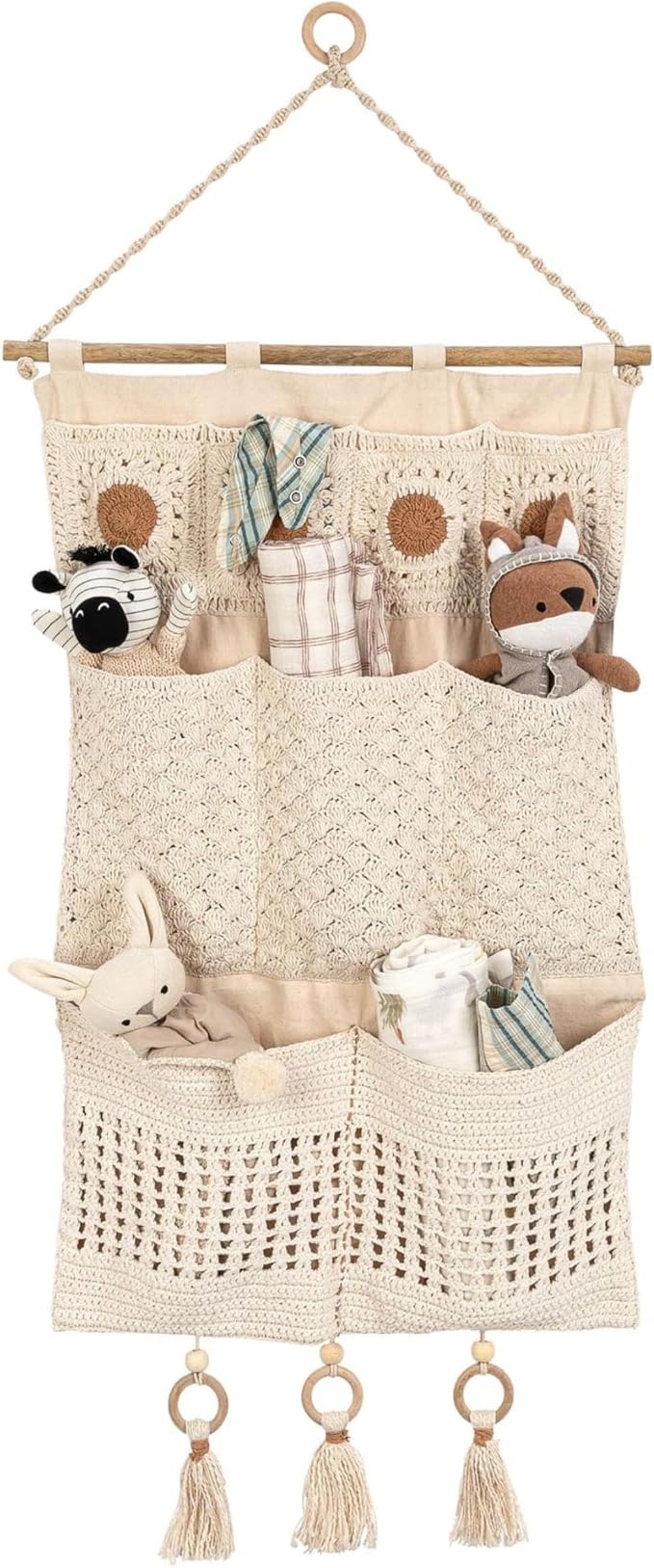 Crane Baby Wall Storage with Pockets, Boho Nursery Accent Decor, Hanging Organizer for Toys, Books, Diapers, Stuffed Animal Storage, Neutral Boho Nursery Décor, Wall Hanging Basket by CraneBaby