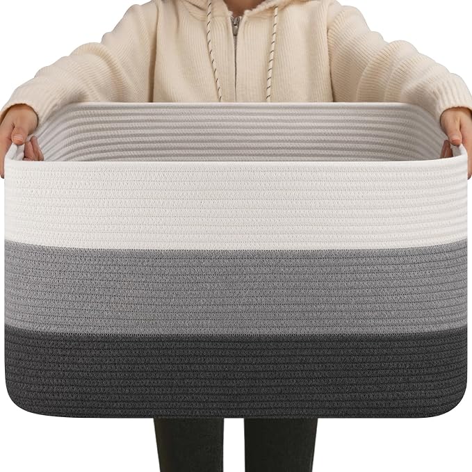 OIAHOMY Blanket Basket Laundry Basket Dog Toy Basket 75L Dark Grey | Large Storage Basket,Baby Basket,Toy Storage,Woven Rope Basket for Blankets,Blanket Storage for Living Room by MasterofSpaceOptimization