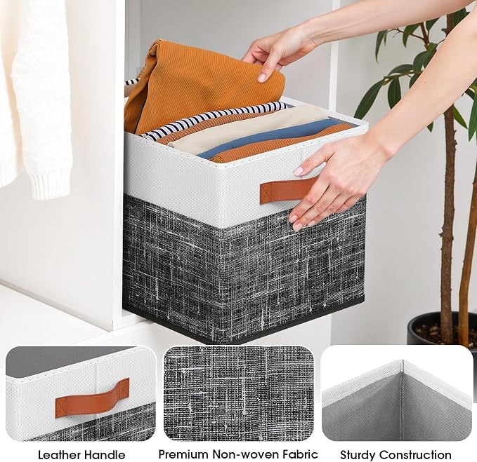 Collapsible Storage Baskets for Shelves,14"x10", 6 Pack Foldable Fabric Storage Bins with Double Leather Handles, Large Baskets for Organizing Books, Clothes, White & Black - Image 4