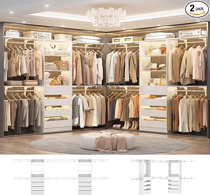 Aheaplus Closet System, Wood Closet Organizer System with Drawers, White | Set 2 Closet Wardrobe Organizer System with 4 Hanging Rods & Top Shelves, for Walk-in Closets, Cut Fits Spaces 4-9FT. Wide by Aheaplus