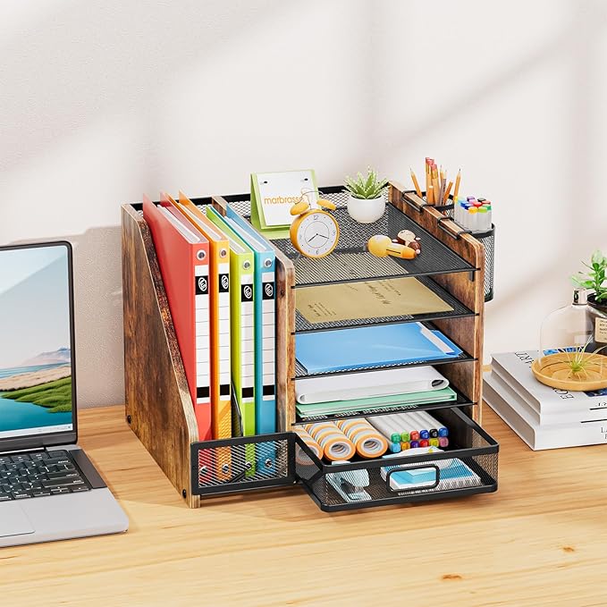 Marbrasse Desk Organizer with File Holder, 5-Tier Paper Letter Tray Organizer with Drawer and 2 Pen Holder, Mesh Desktop Organizer and Storage with Magazine Holder for Office Supplies (Wood-Brown) - Image 3