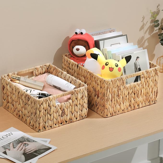 HOONEX Water Hyacinth Storage Baskets, Wicker Baskets for Organizing, Hand Woven Baskets with Carry Handles, Set of 2, Natural - Image 2