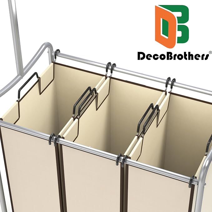 Deco Brothers Heavy Duty 3 Bags Laundry Sorter Cart with Hanging Bar, Beige | Extendable Hanging Rod - Image 4