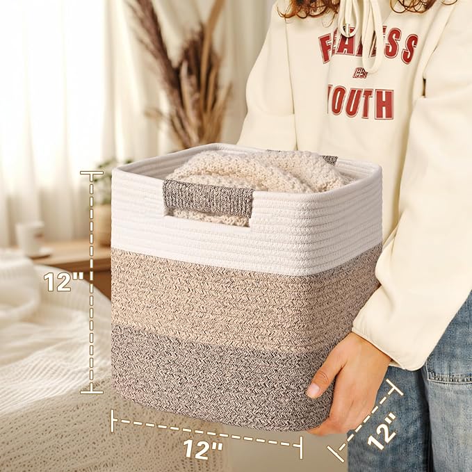 12 Inch Storage Cubes, 3 Pack Cube Storage Bins for Organizing, Cotton Rope Woven Baskets for Shelves, Bathroom, Kids Room, Closets, Baby Nursery - Image 4