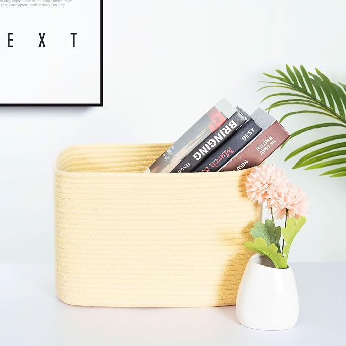3-Pack Decorative Woven Storage Baskets for Shelves, Cube Bin Box for Organizing Books, Shoes, Dog Toys, Pantry Closet and Living Room Organizer, Yellow - Image 2