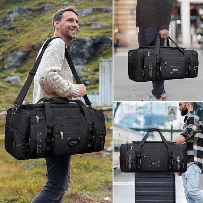 WITZMAN Duffle Bag for Men Large 54L Travel Duffel with Shoe Compartment | Water-resistant Nylon, Dry-wet Pocket, Fits 16" Laptop, Convertible for Gym, Weekender, Sports, Overnight, B717 Black - Image 2