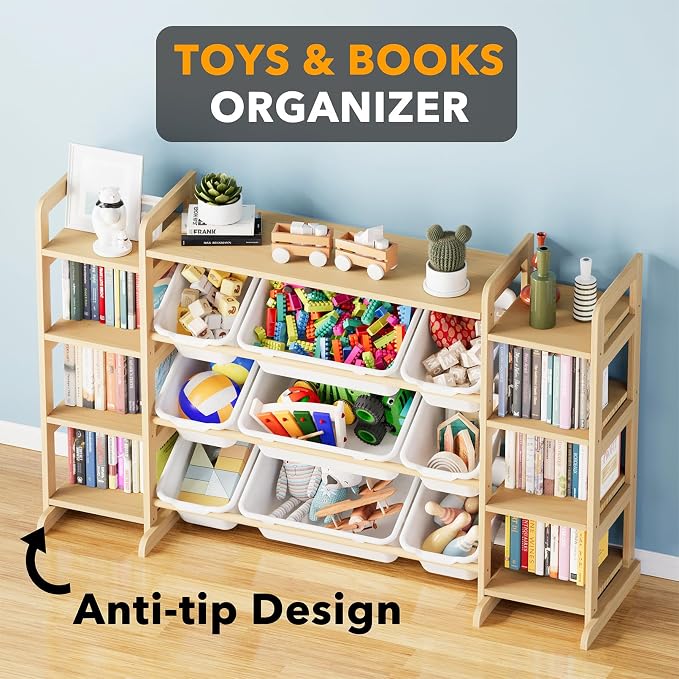 SpaceAid Large Toy Storage Organizer 9 Shelves 9 Bins, Toy Organizers Storage Bookshelf, Kids Bin Shelf Toys Box Bookcase for Bedroom Playroom Organization Room Decor, White - Image 5