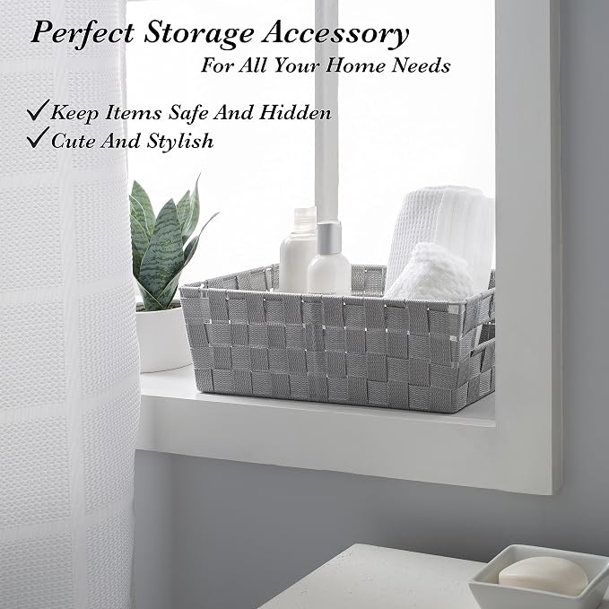 Simplify Extra Long Shelf Woven Strap Tote | Decorative Storage Basket | Built in Handles | Organization | Closet | Bedroom | Bathroom | Nursery | Accessories | Toys | Gifts | 1 Pack | Heather Grey - Image 2
