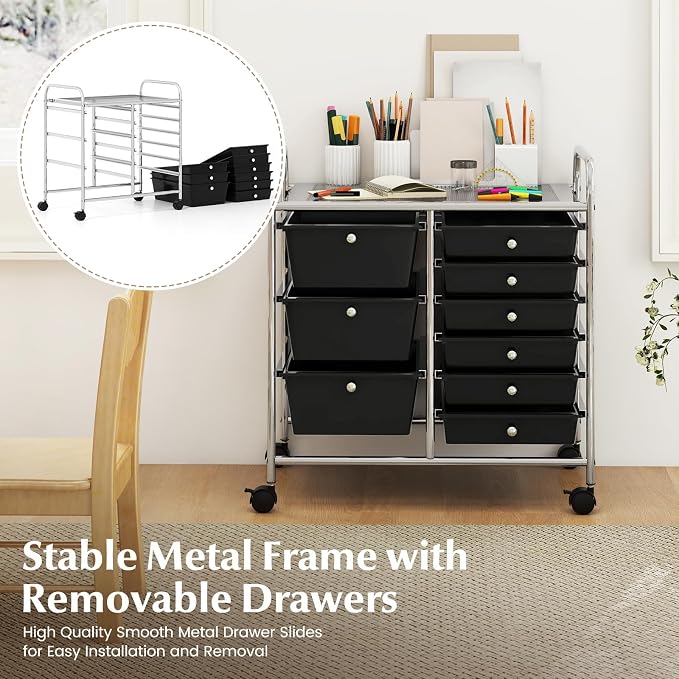 RELAX4LIFE 9 Drawer Rolling Storage Cart - Mobile Drawer Carts for Craft Art Supply Paper Salon, Utility Cart on Wheels for Classroom Teacher School Office, Rolling Cart with Drawers (Black) - Image 5