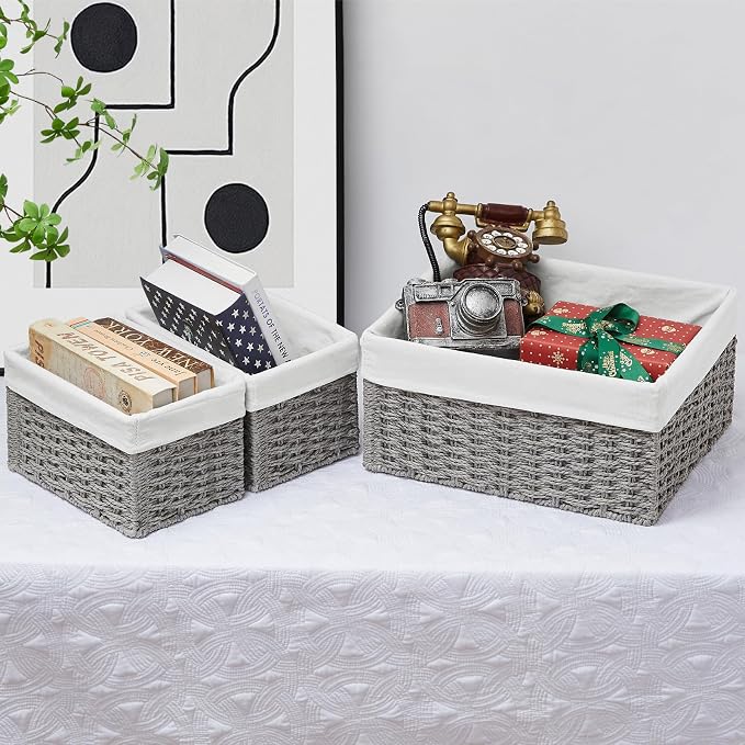 Wicker Basket, Set of 3 Hand-woven Storage Baskets for Organizing, Decorative Rectangle Wicker Storage Basket Bins with Handles, Small Toilet Paper Storage Baskets for Shelves & Decor, Grey - Image 6