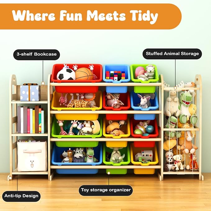 Kids Toy Storage Organizer, Toy Organizers and Storage with Stuffed Animal Storage, Toy Storage Shelf with 3 Shelves, 12 Storage Bins, Kids Bookshelf, Toy Holder for Playrooms, Bedrooms, Multi Color - Image 7